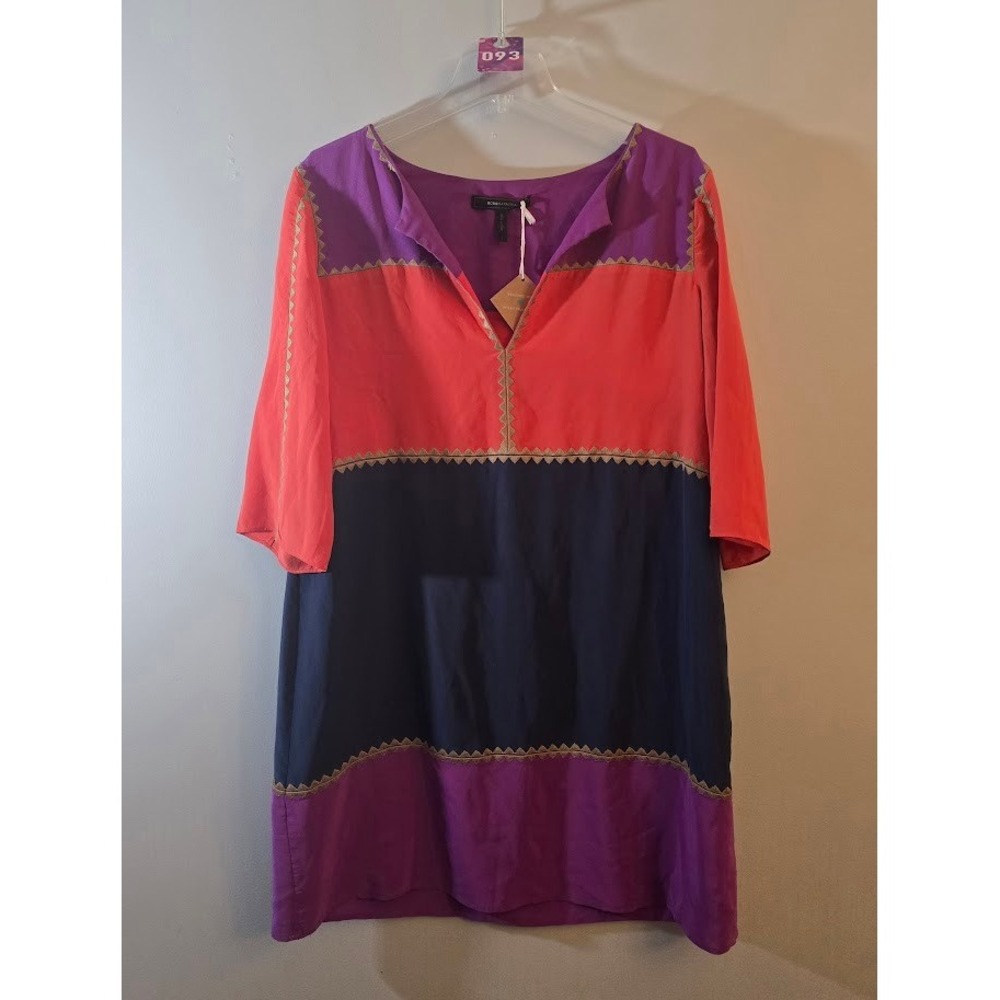 BCBGMAXAZRIA Womens Dress Purple Orange Colorblock Embroidered Shift Size Large